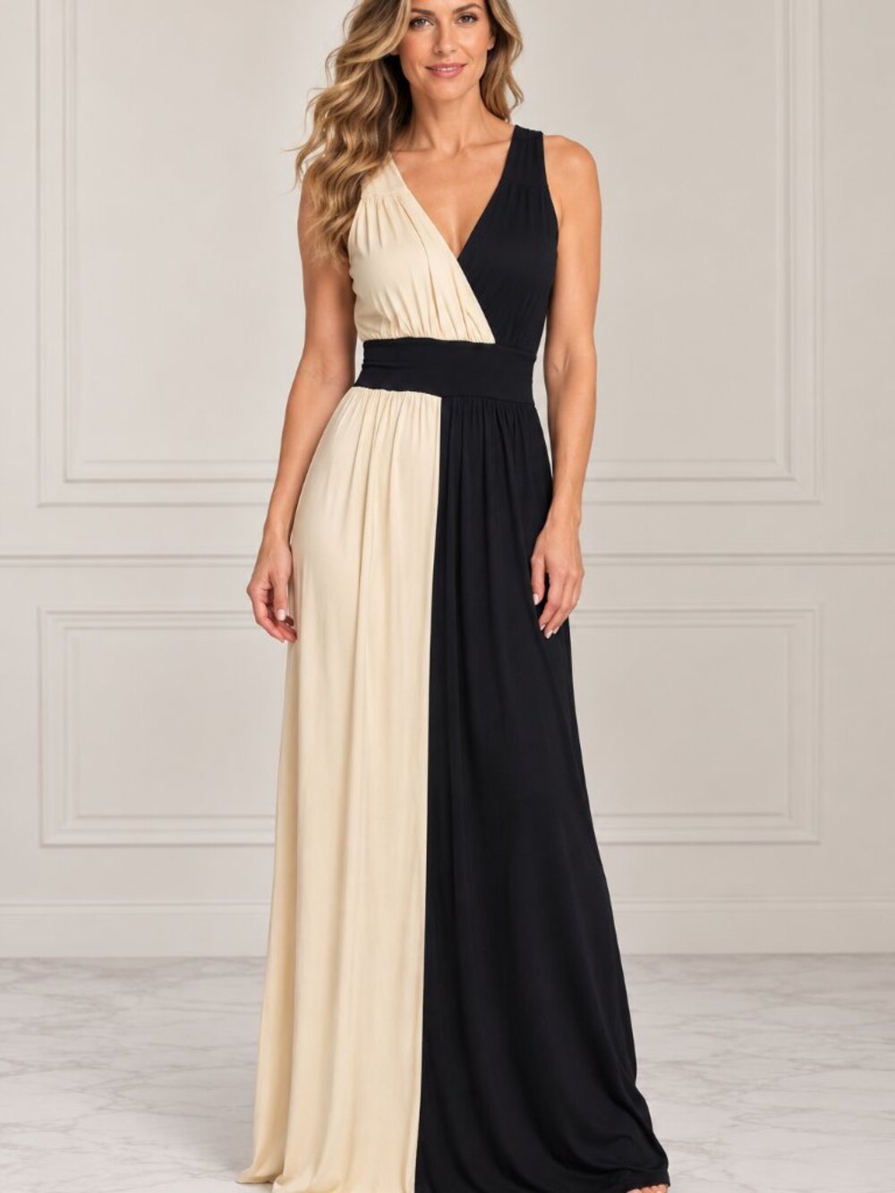 Long Color Blocked Peach and Black, Sleeveless Dress, Size Medium New
